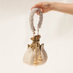 RAMLA Neyla Lotus Flower Pearl/Gold Handmade Clutch Bag NWOT